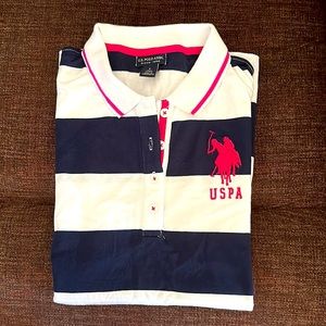 Short sleeve blue and white striped polo